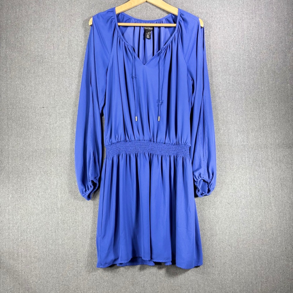 White House Black Market Dress Womens 12 Blue Cold Shoulder Smocked Waist V-Neck - Picture 1 of 6